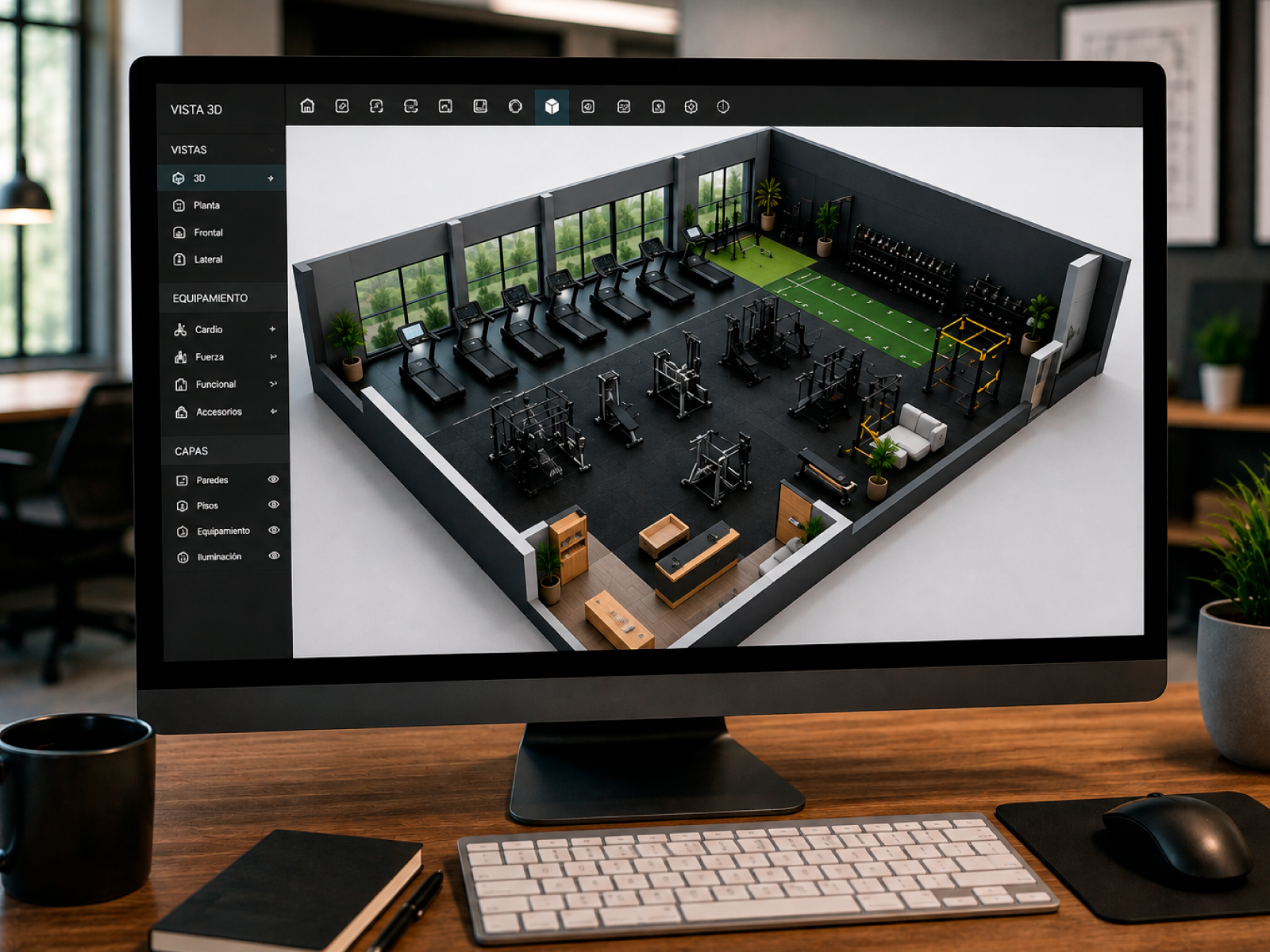 Diseño y visualización 3D de espacio fitness